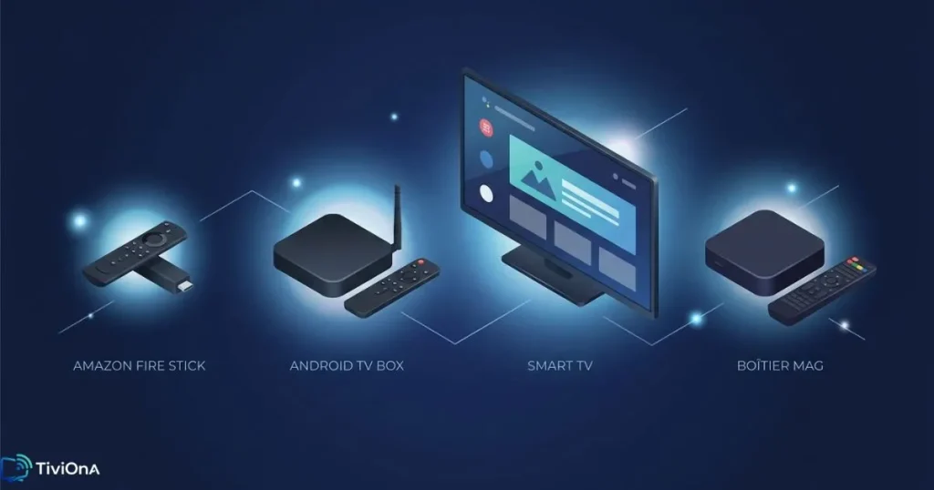 Comparaison des appareils compatibles IPTV Fire TV incluant Fire Stick, Android Box et Smart TV