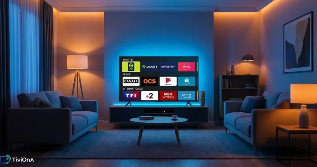 Interface de l'application IPTV Smarters Fire Stick affichant une grille de chaînes sur grand écran