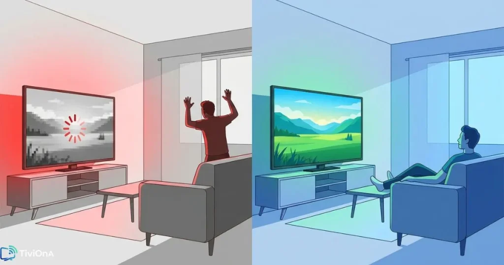 Comparaison entre un IPTV instable avec buffering et un IPTV fiable avec image nette en HD