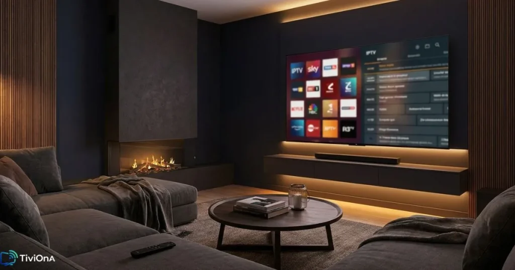 Smart TV IPTV affichant une interface de chaînes en direct dans un salon moderne