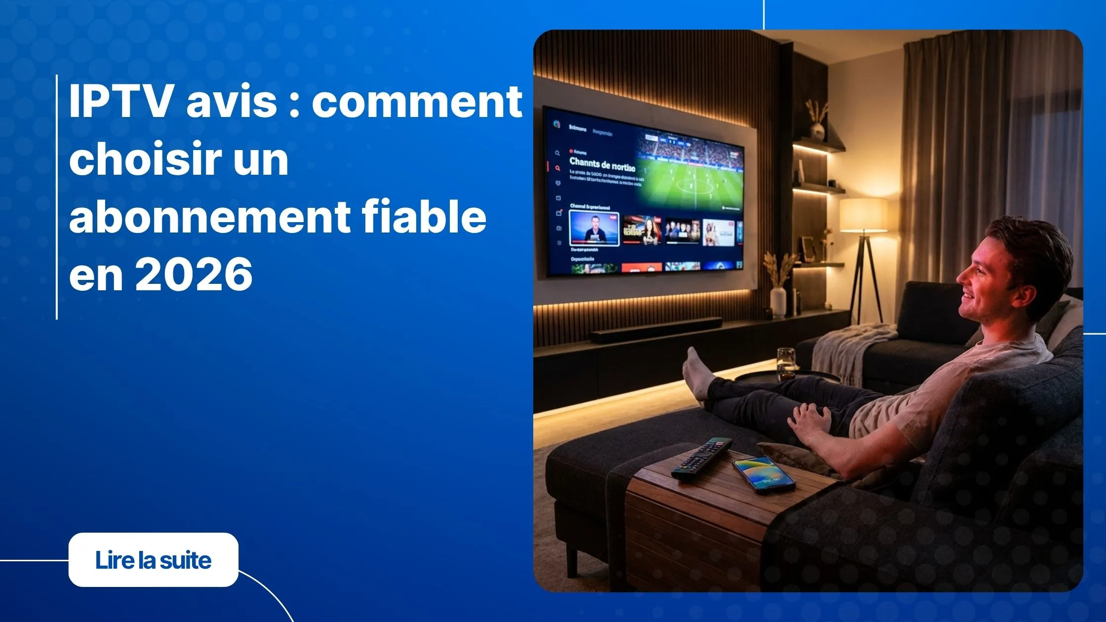 Homme regardant un abonnement IPTV sur Smart TV - iptv avis utilisateur 2026