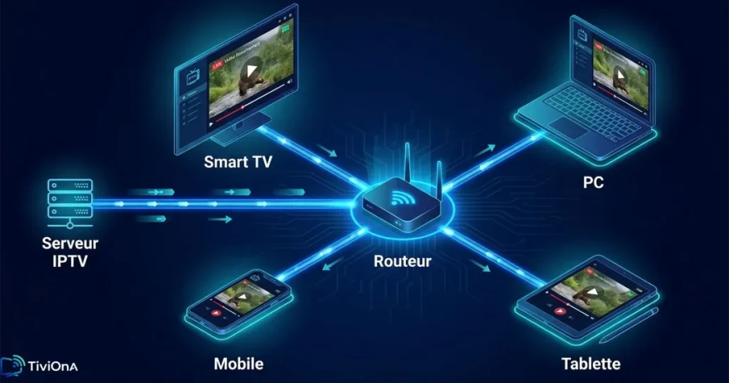 Schéma de fonctionnement d'un abonnement IPTV sur plusieurs appareils - meilleur iptv 2026