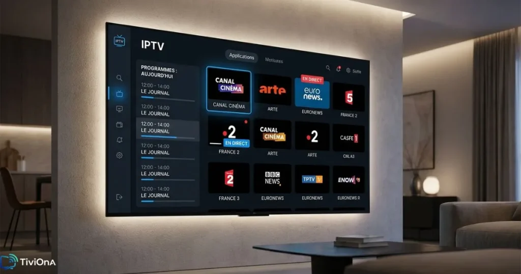 Interface d'une application IPTV avec liste de chaînes et guide EPG sur Smart TV