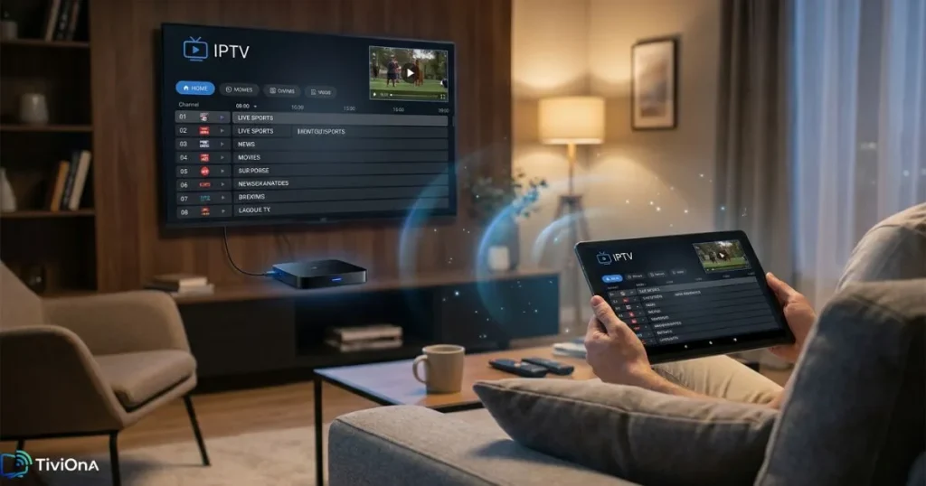 Application IPTV Android utilisée sur Android TV et tablette pour regarder des chaînes en direct