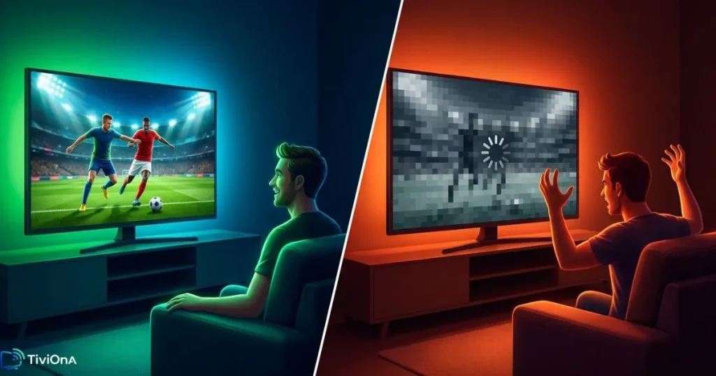 Comparaison entre un serveur IPTV stable et un service instable avec coupures