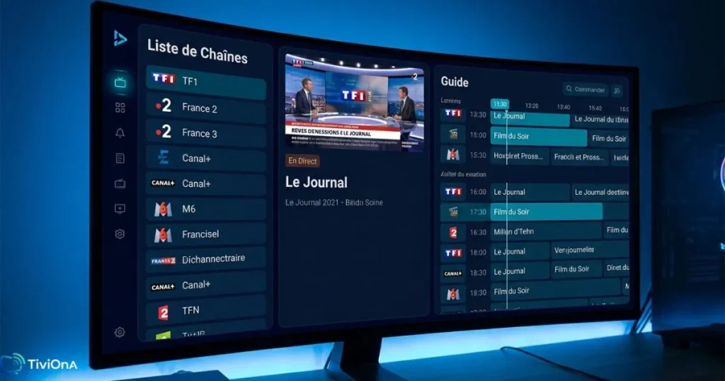 Interface d'une appli IPTV stable avec guide des programmes sur grand écran