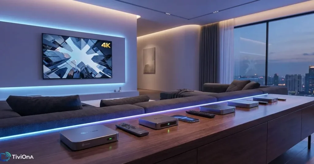 meilleur boîtier IPTV Android comparé dans un salon high-tech