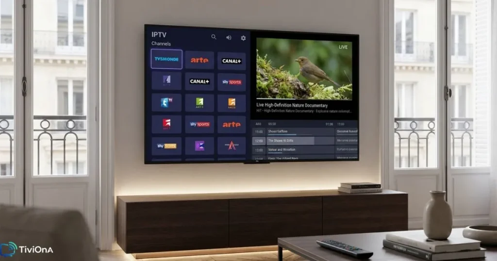 Interface lecteur IPTV Android TiviMate sur écran Android TV avec guide des programmes