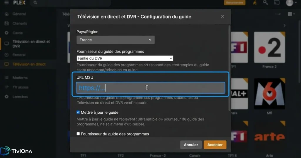 Configurer IPTV Plex - saisie de l'URL M3U dans les paramètres Live TV de Plex Media Server