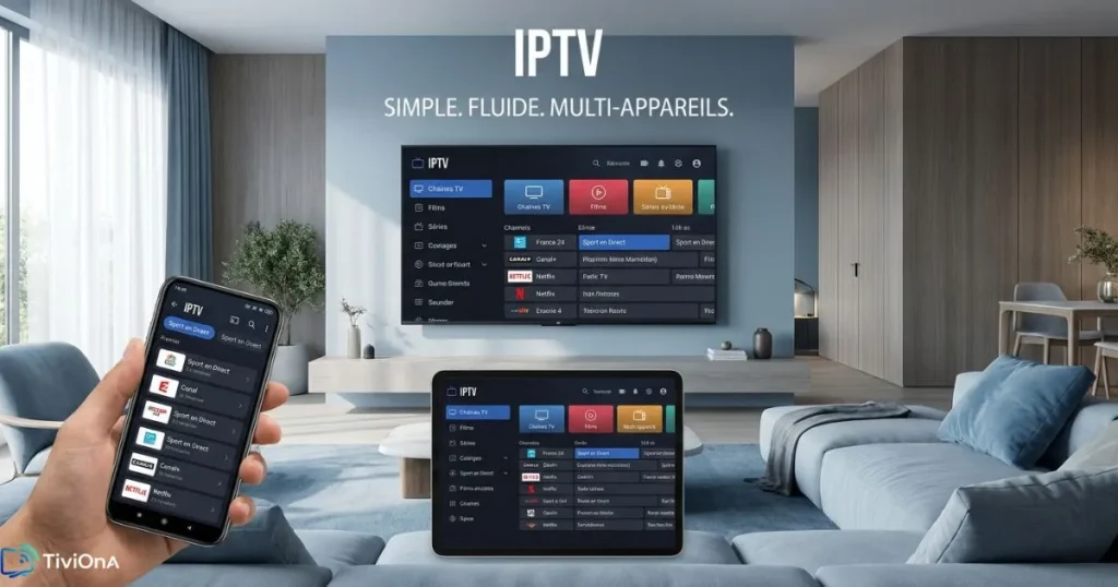 IPTV Smart TV et IPTV Android sur plusieurs appareils dans un salon moderne