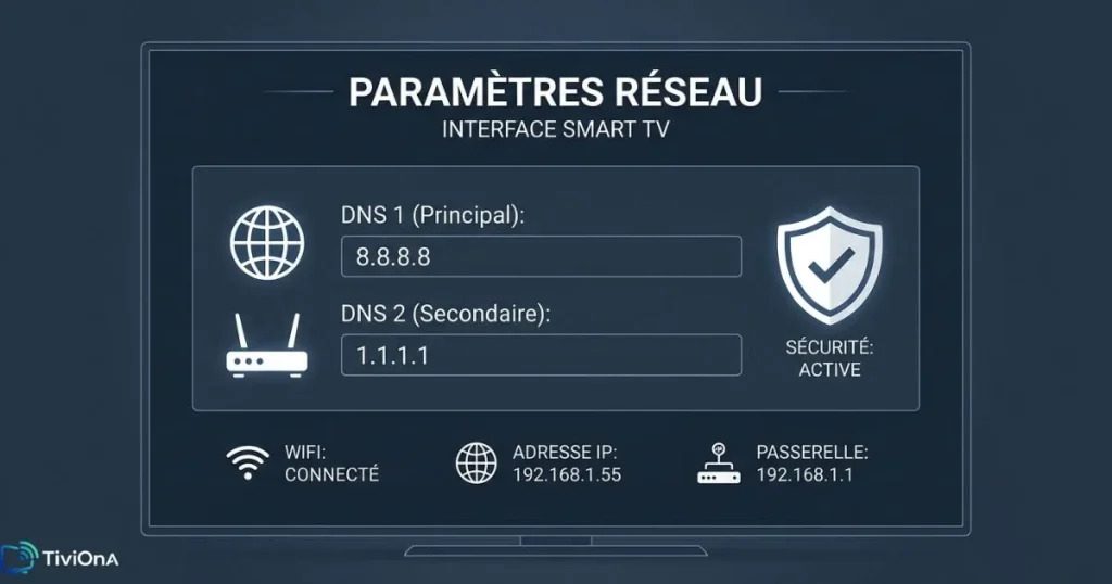 Interface paramètres DNS pour résoudre un bug IPTV sur Smart TV