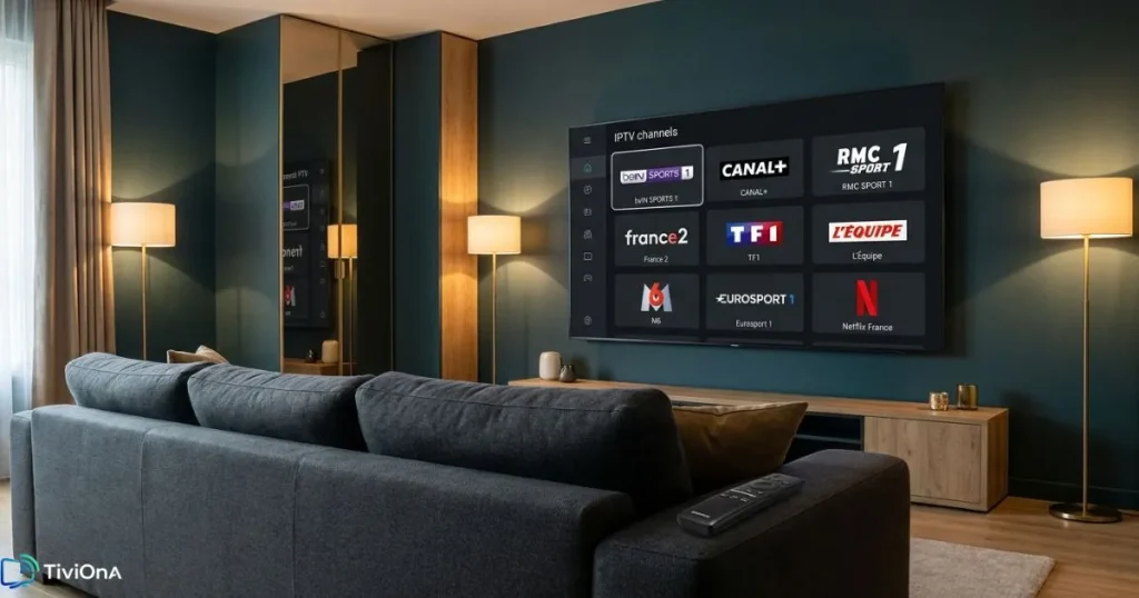 Application IPTV affichée sur un lecteur IPTV Smart TV dans un salon moderne