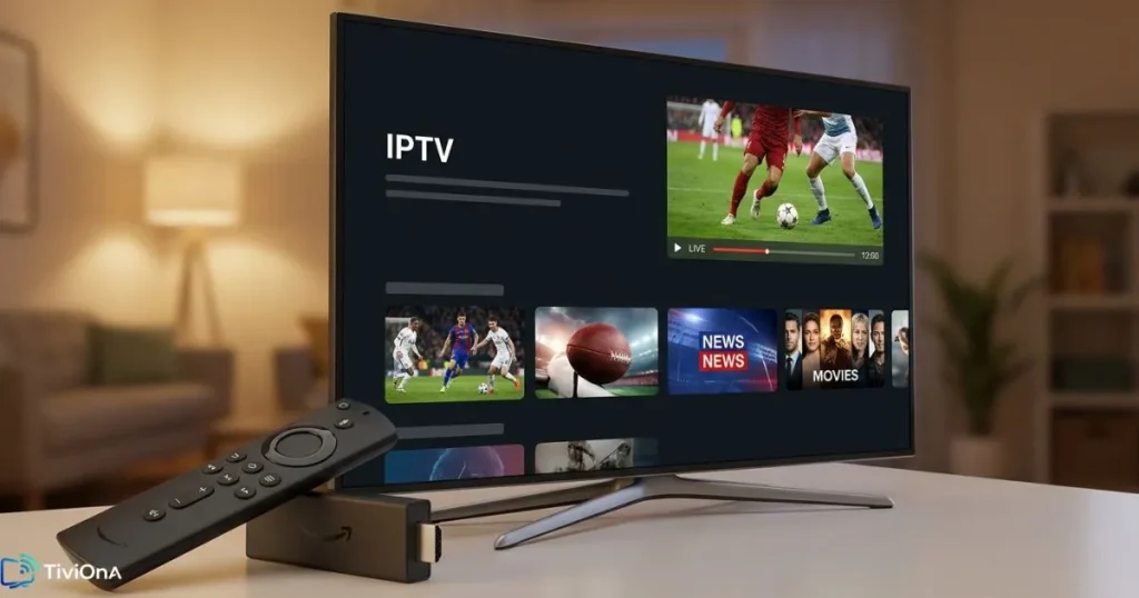 IPTV sur Fire Stick branché à une télévision avec interface de streaming