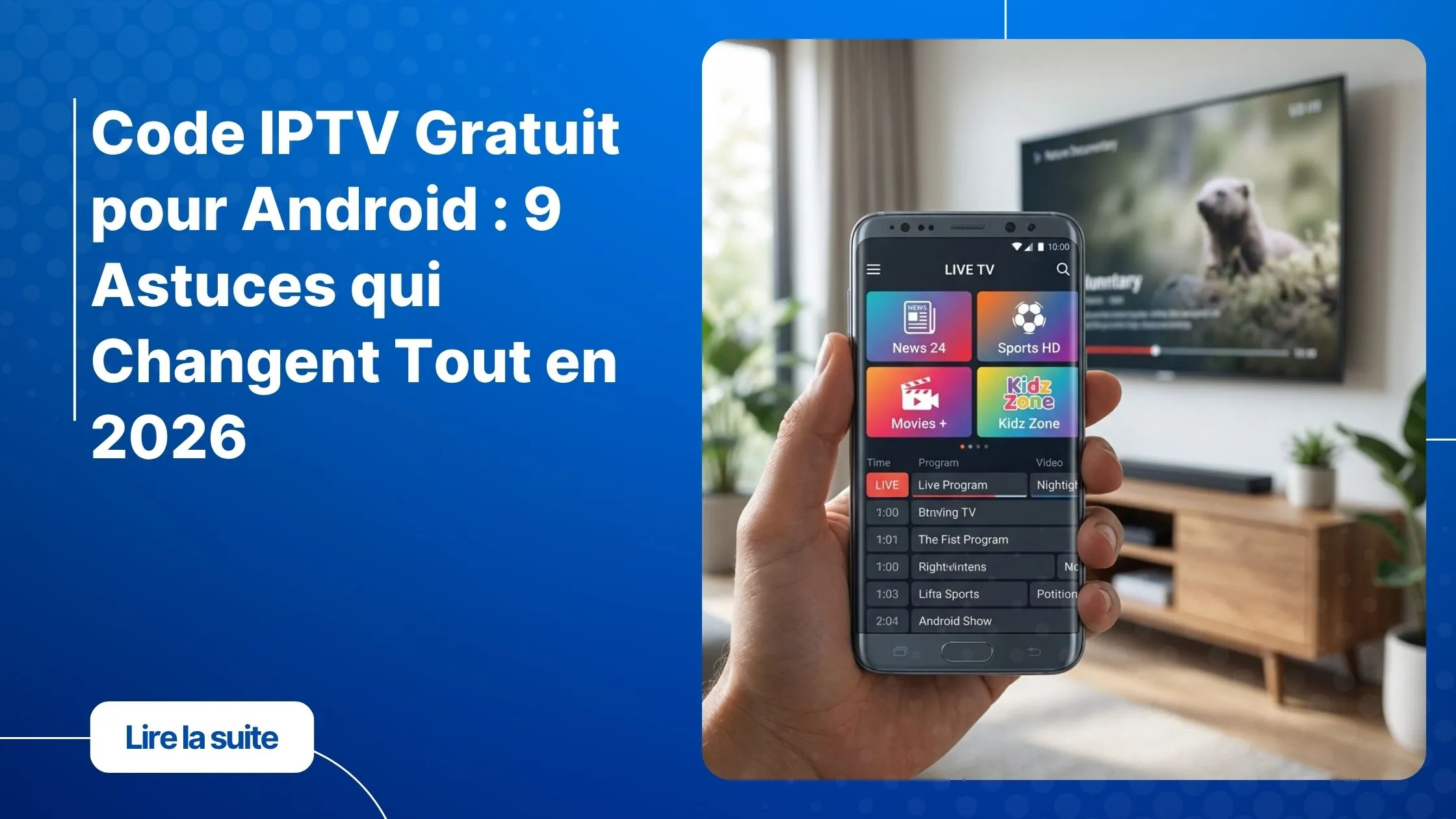 Code IPTV gratuit pour Android affiché sur une application IPTV moderne sur smartphone Android