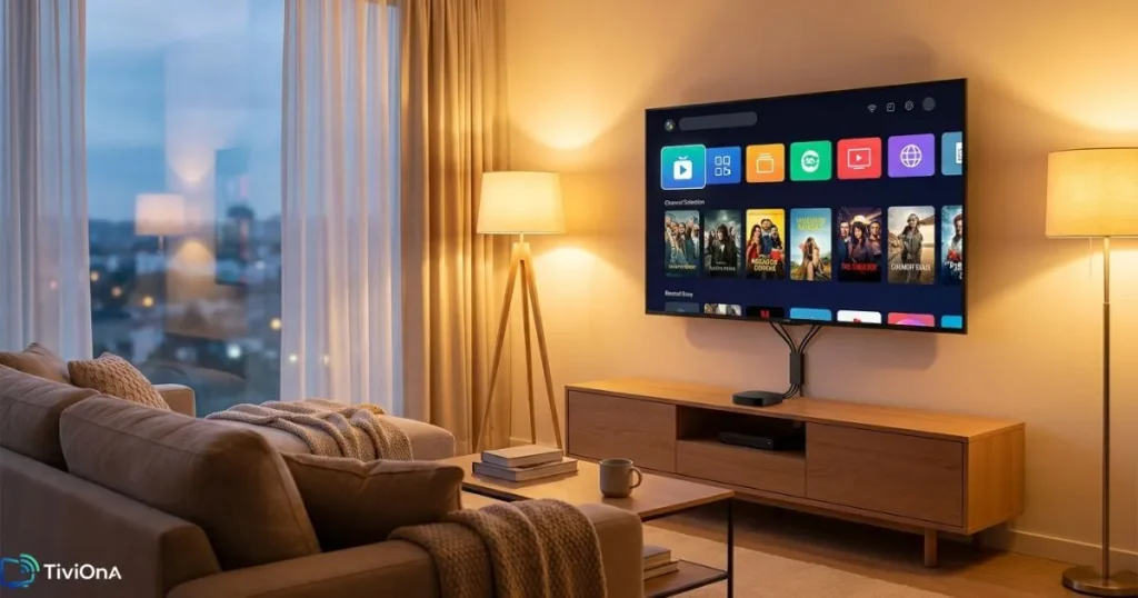 Appareil IPTV branché en HDMI sur une Smart TV dans un salon moderne avec interface de chaînes à l'écran