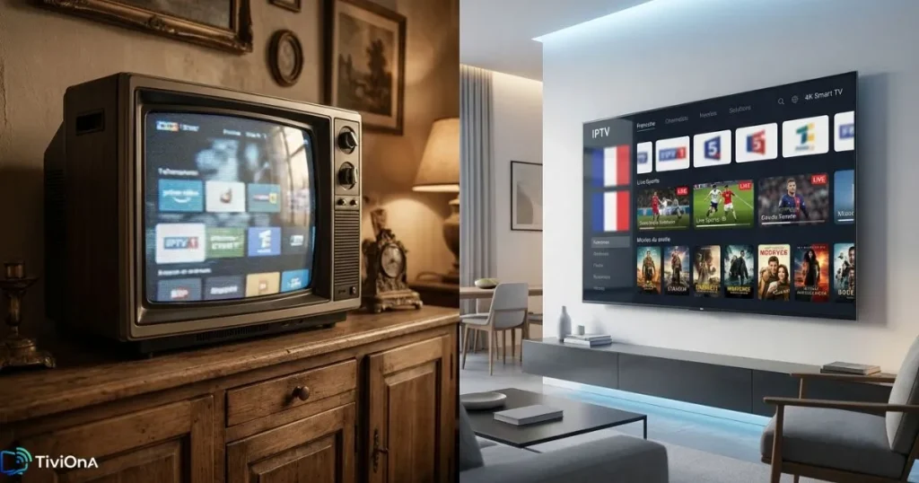 Comparaison visuelle entre télévision classique et IPTV français sur Smart TV 4K.
