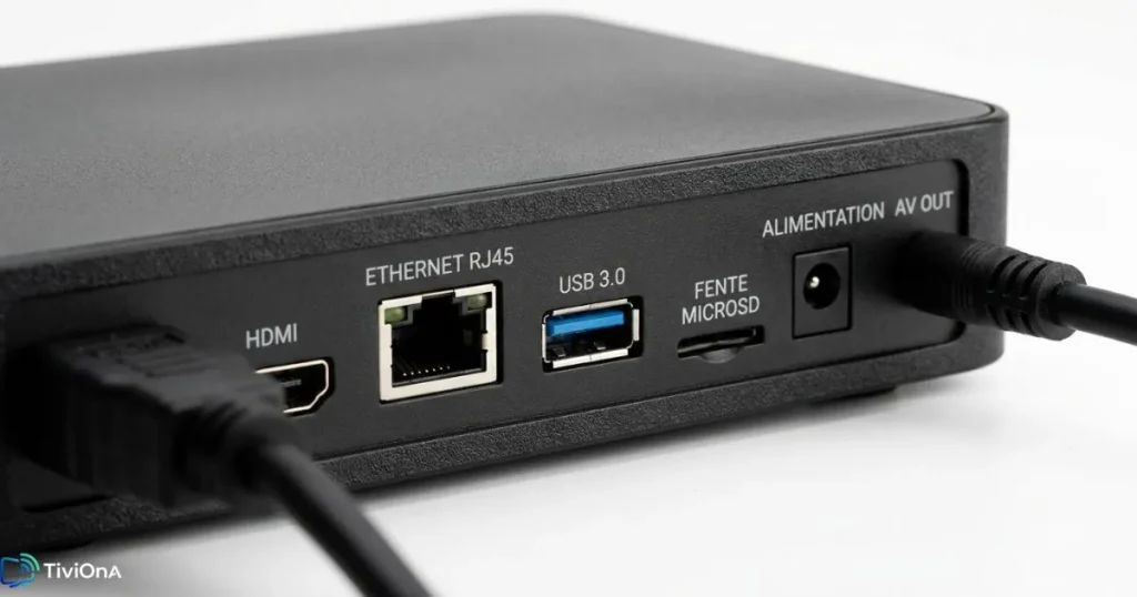 Vue des ports d'un boîtier Android IPTV incluant HDMI, Ethernet et USB pour un streaming IPTV optimal