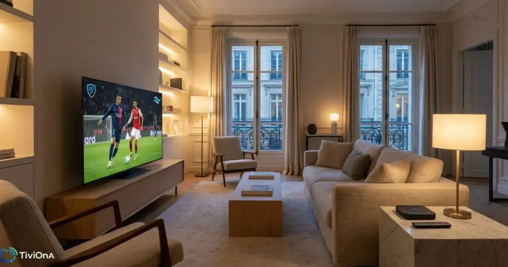 Salon avec TV 4K fluide et abonnement IPTV premium France stable.