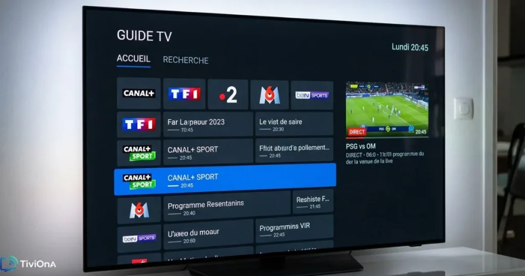 Interface TiviMate lecteur IPTV Android TV avec guide des programmes EPG