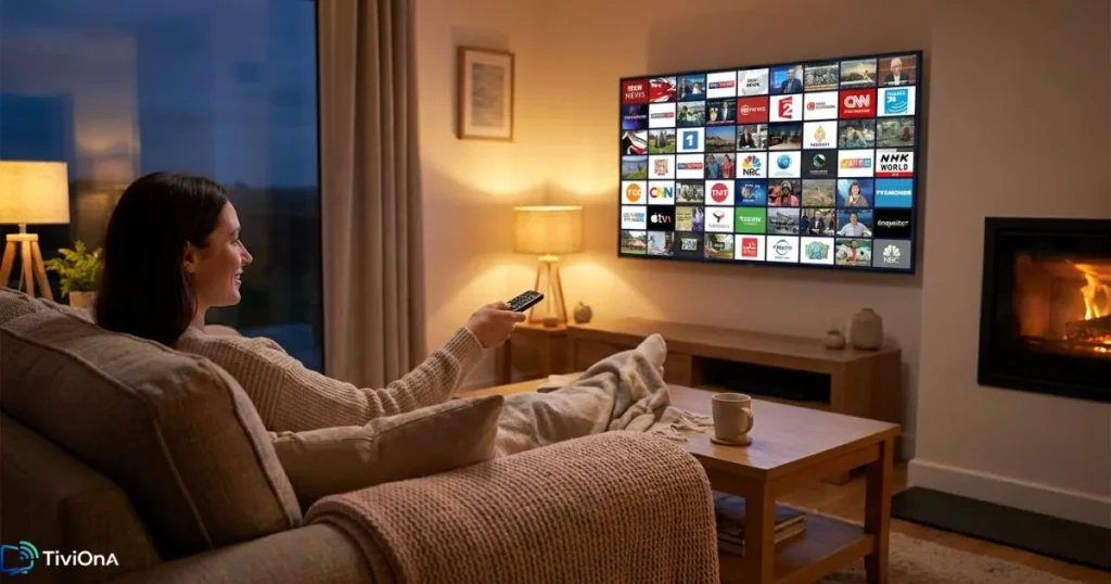 Utilisateur regardant le streaming IPTV sur grand écran depuis son salon grâce à un boitier pour IPTV compatible