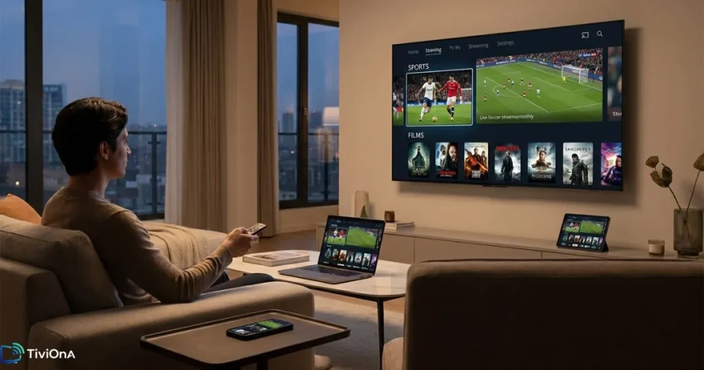 abonnement IPTV premium sur TV, smartphone et tablette dans un salon moderne
