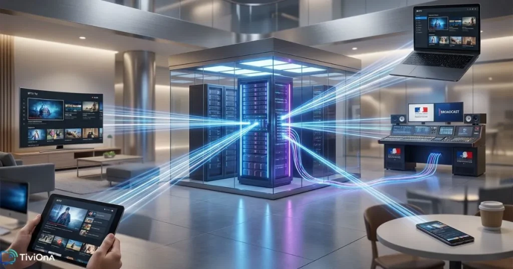 Architecture d'un abonnement IPTV reliant serveurs et appareils connectés