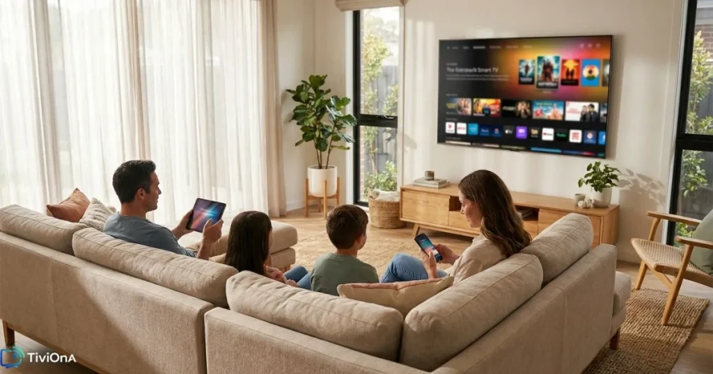 Configuration IPTV moderne sur plusieurs appareils connectés dans un salon.