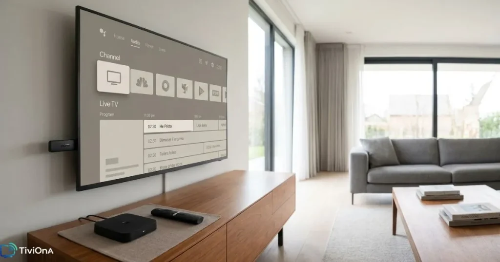 IPTV en Belgique avec plusieurs appareils compatibles dans un salon moderne