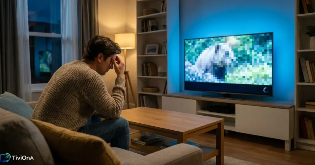 IPTV sans buffering illustré par une image figée sur un téléviseur dans un salon moderne