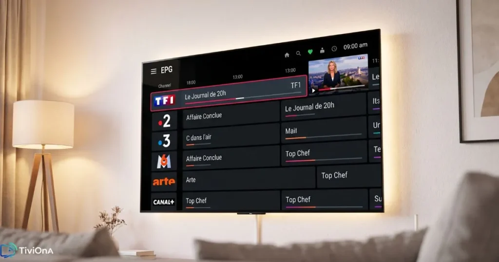 Interface d'une application IPTV avec guide des programmes EPG sur grand écran