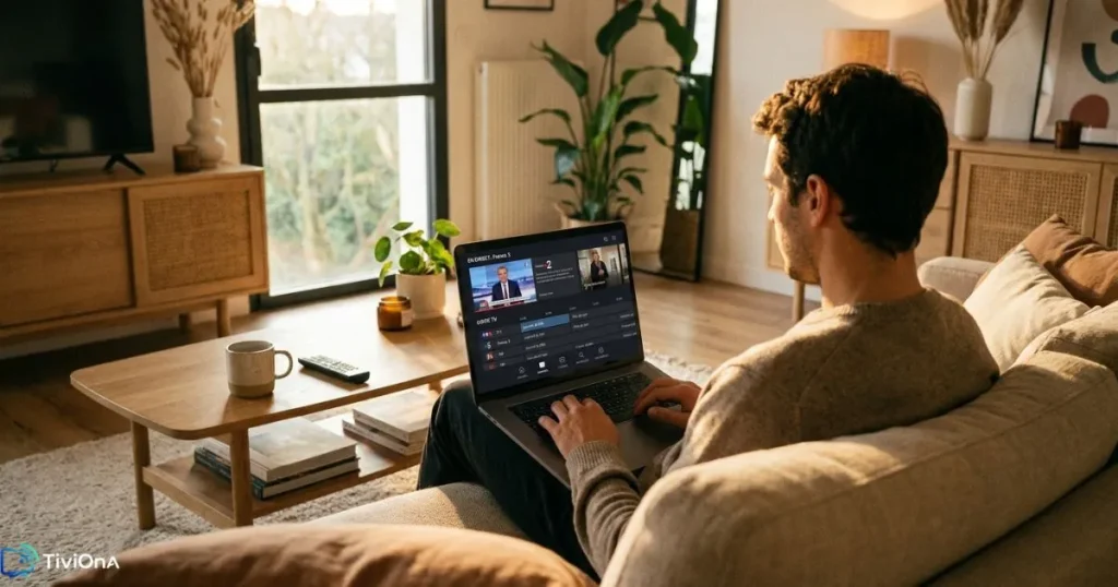 Utilisateur regardant l’iptv sur ordinateur dans un salon moderne