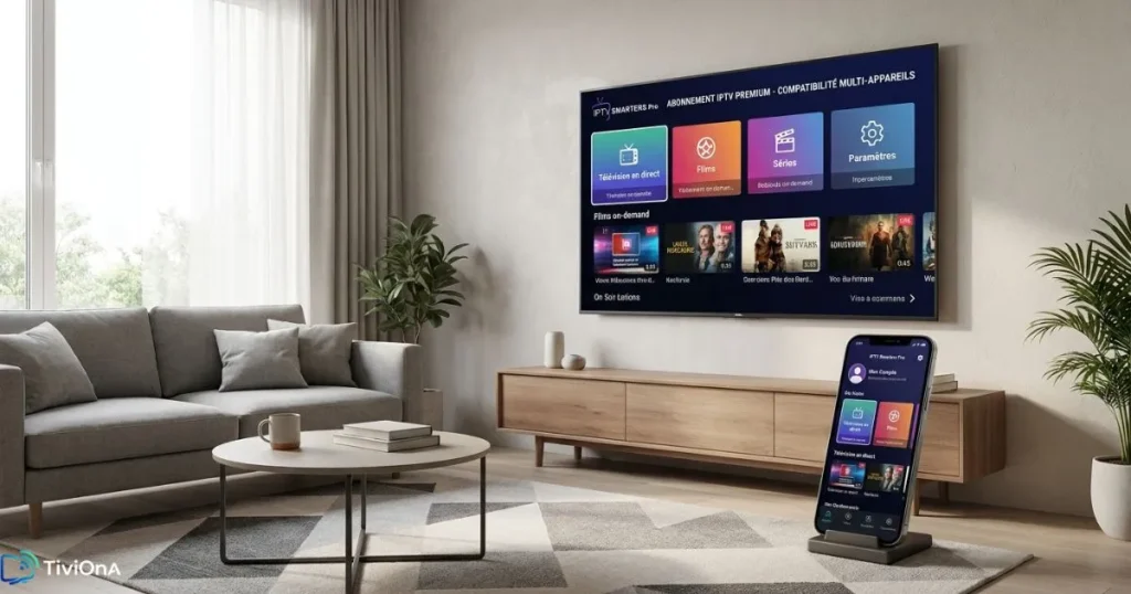 Interface sur TV et smartphone montrant la compatibilité d’un abonnement IPTV pas cher sur plusieurs appareils.