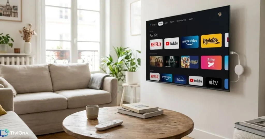 Chromecast avec Google TV utilisé pour installer IPTV sur Chromecast facilement depuis le Play Store.