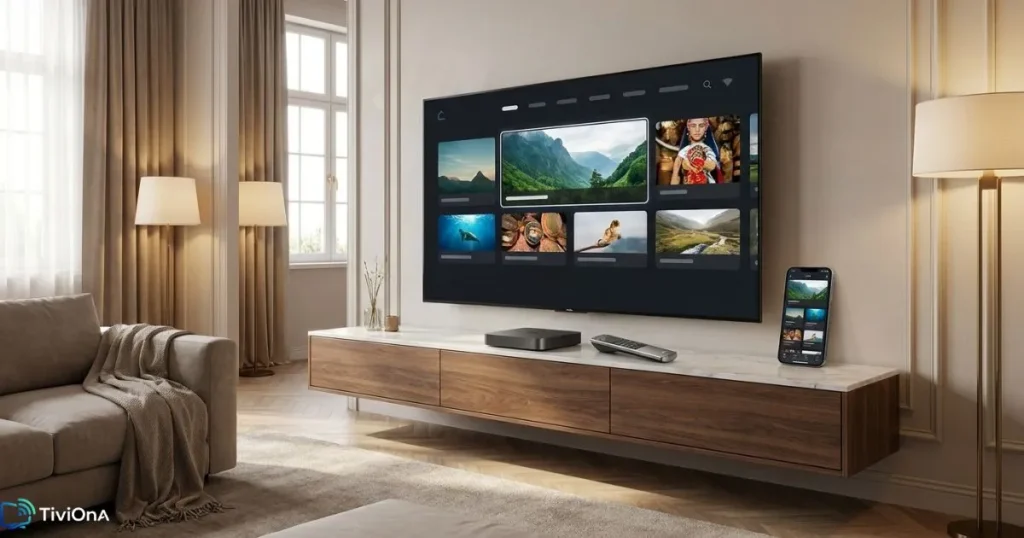 boîtier IPTV pour abonnement IPTV avec téléviseur 4K et télécommande moderne