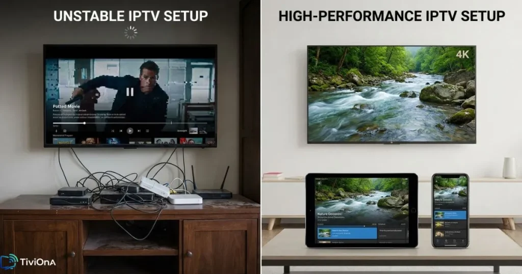 Qualité IPTV comparée entre service instable et IPTV fluide sur plusieurs appareils