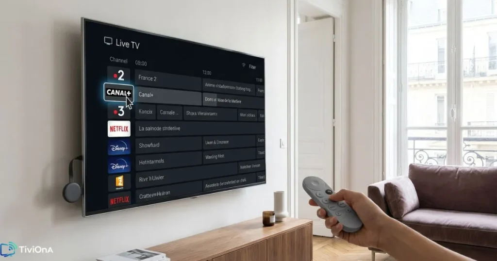 Application IPTV Chromecast configurée pour regarder des chaînes en direct et du contenu multimédia.