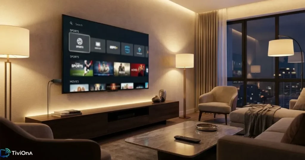 IPTV Fire Stick connecté à une télévision moderne pour regarder les chaînes en streaming.