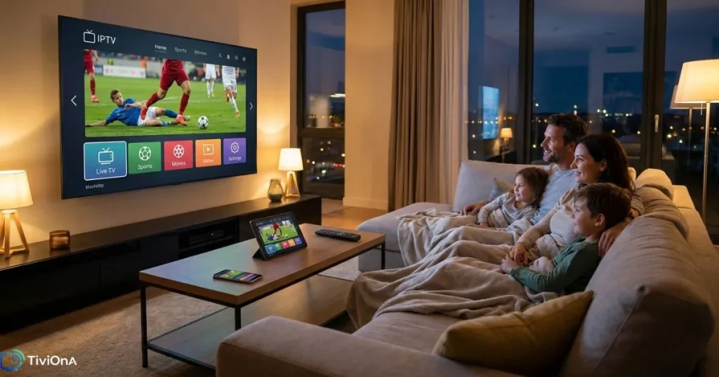 IPTV multi-appareils dans un salon familial avec Smart TV et match en direct