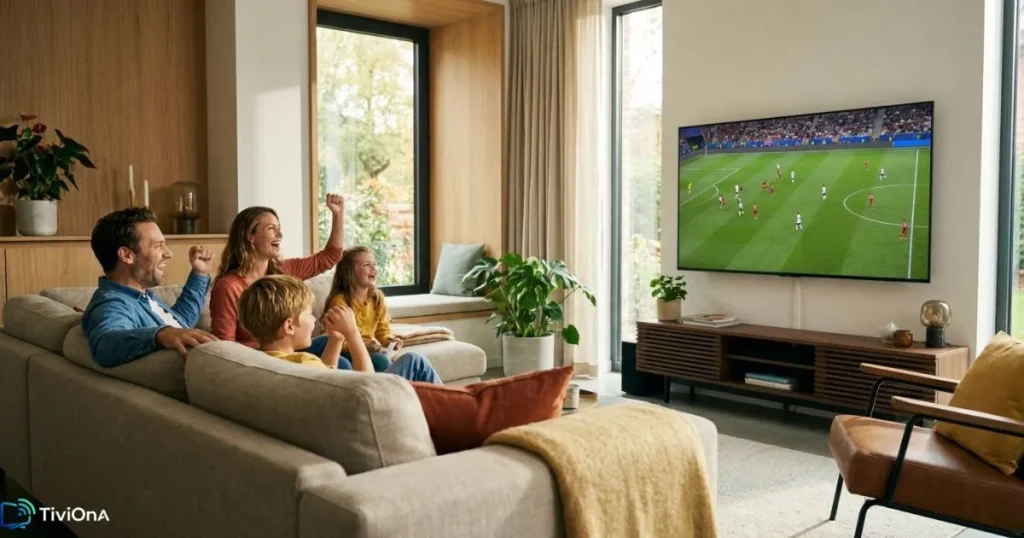 Abonnement IPTV premium - famille regardant du contenu en streaming sur grand écran