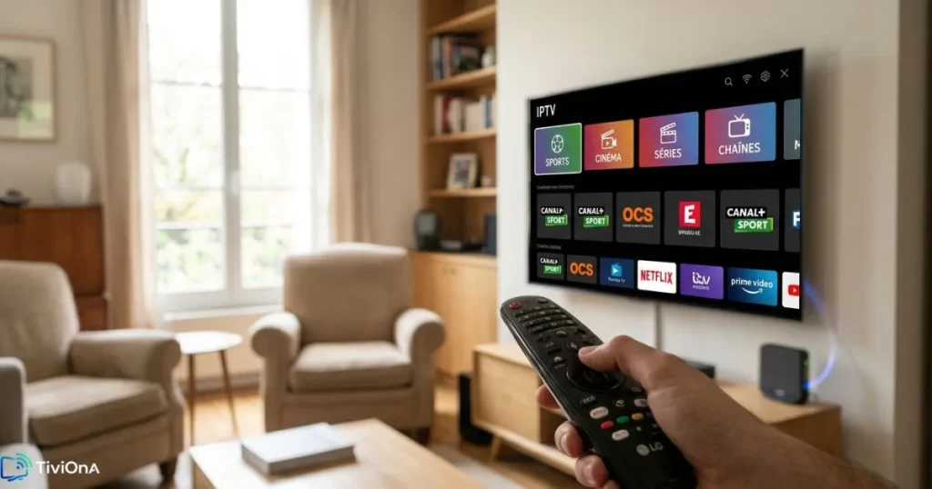 Configuration IPTV on LG avec une application IPTV affichant des chaînes et contenus VOD.