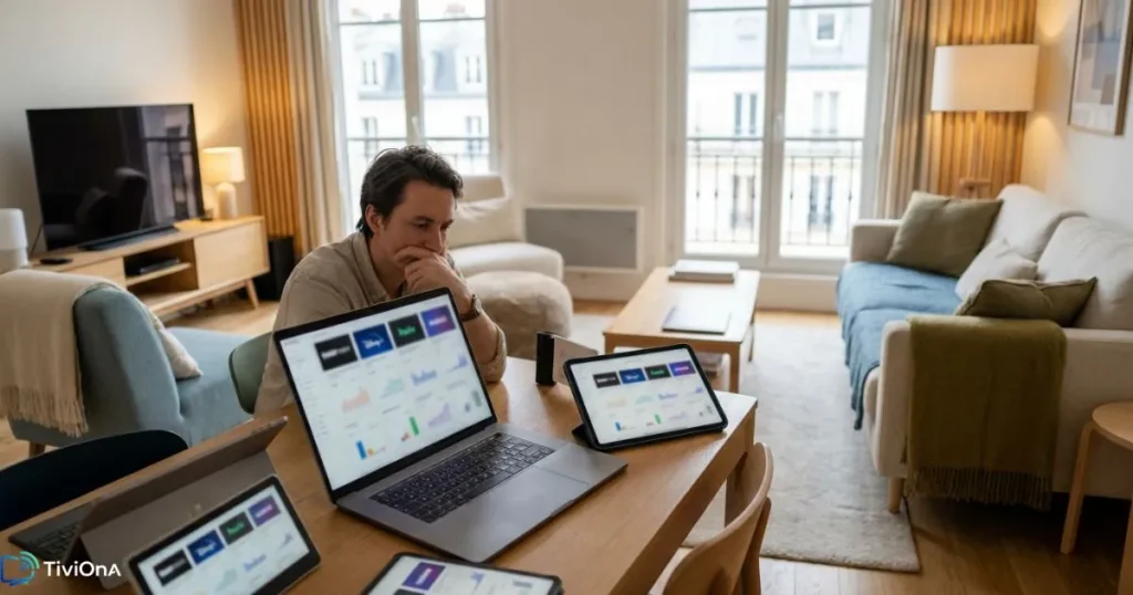 Utilisateur comparant plusieurs offres pour choisir un IPTV économique et fiable.