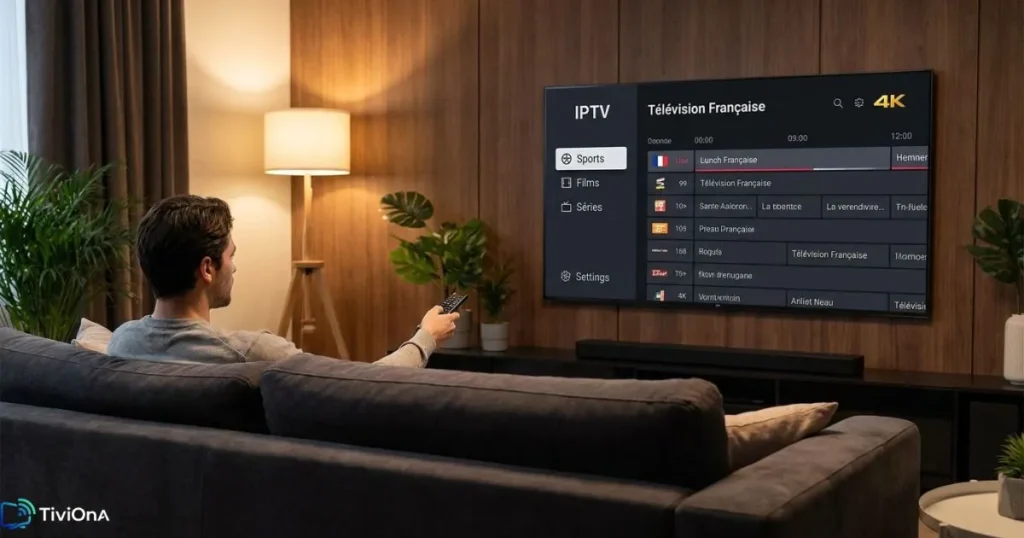 Interface IPTV LG avec guide EPG et catégories de chaînes organisées sur une Smart TV LG.