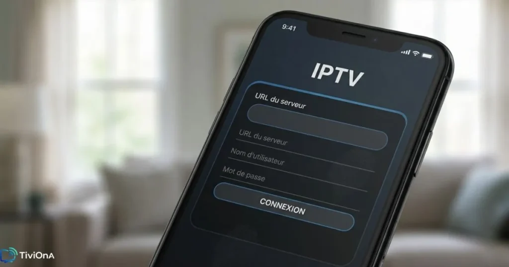 Écran de connexion IPTV montrant des identifiants Xtream Codes sur un smartphone.