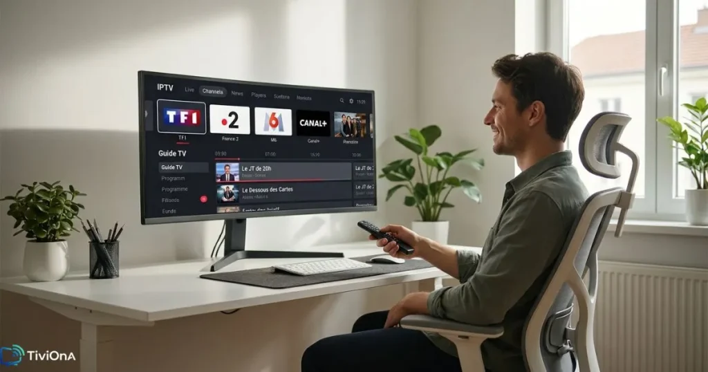 application iptv pc affichée sur un grand écran dans un salon moderne.