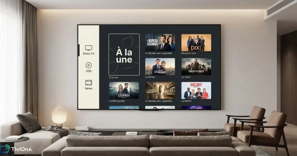 Interface moderne d'une application IPTV compatible avec Xtream Codes sur une Smart TV.