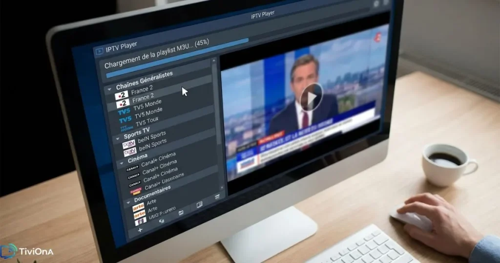 lecteur iptv windows en train de charger une playlist M3U sur ordinateur.