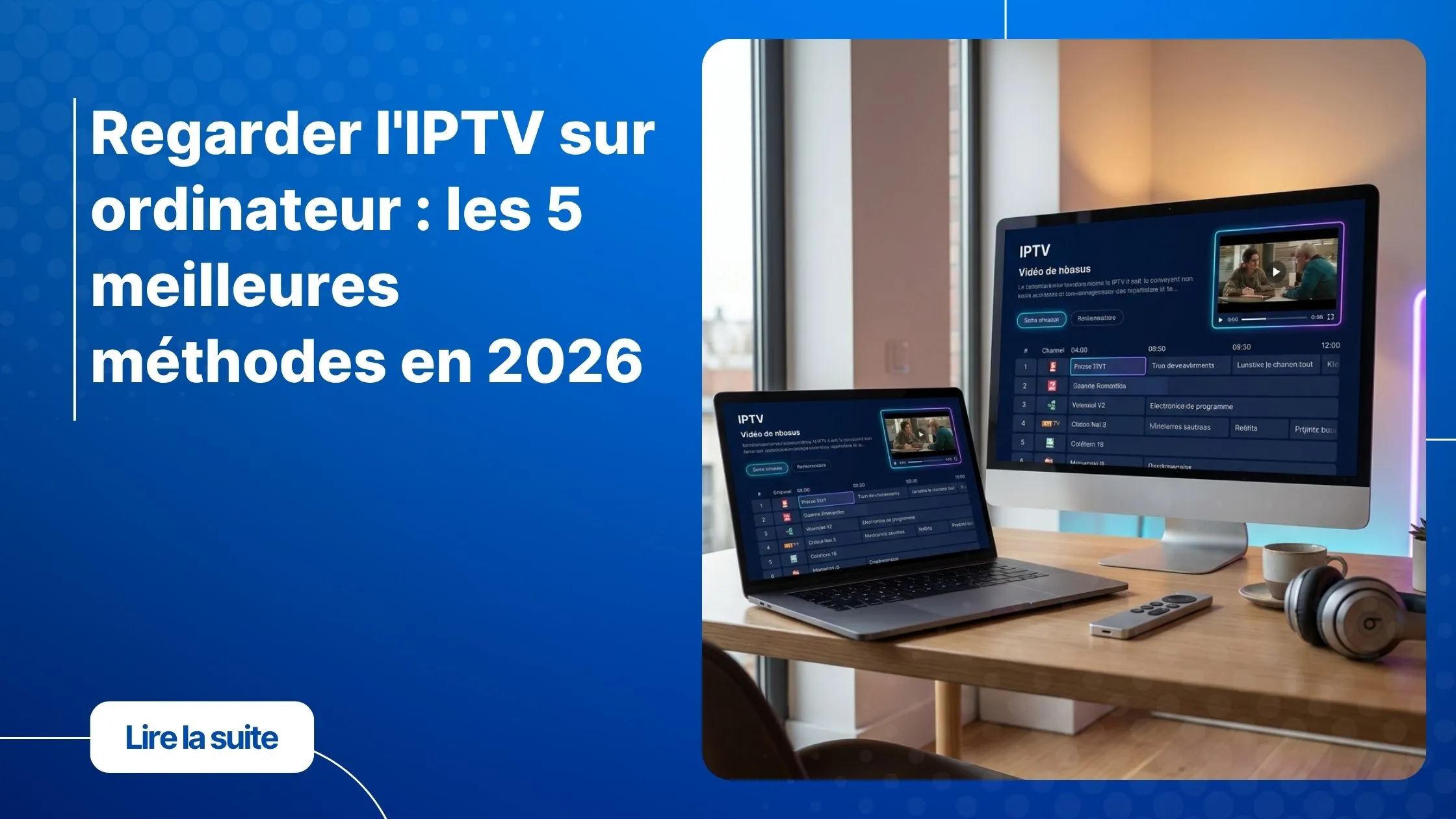Image d’un bureau moderne avec écran affichant l’iptv sur ordinateur