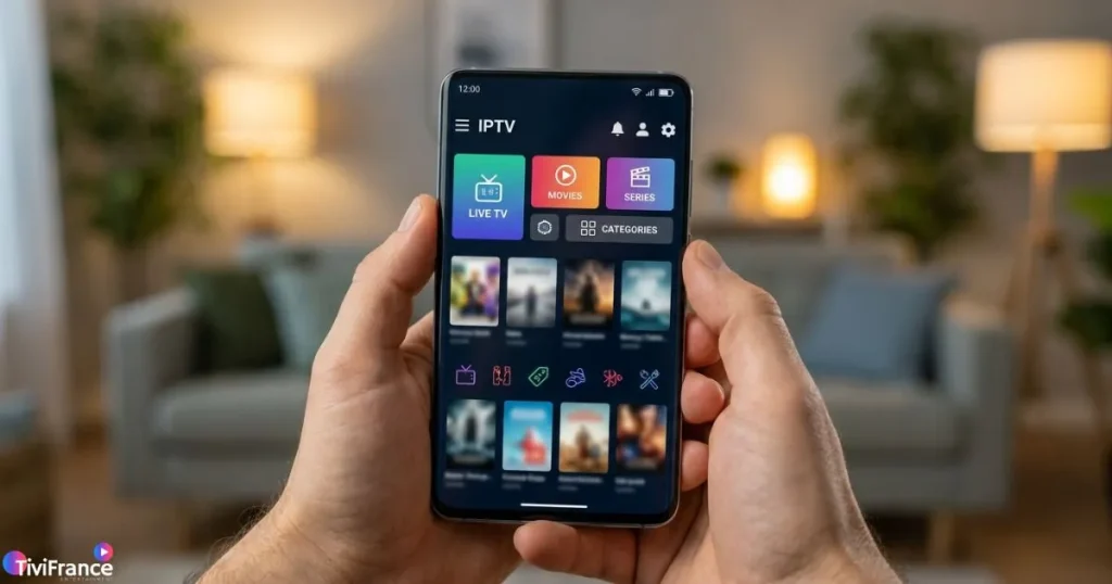 Interface d'une application IPTV gratuite affichant des chaînes et contenus VOD sur Android