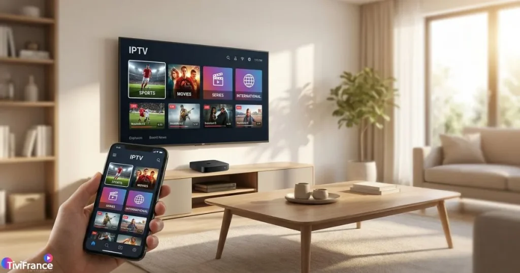 Code IPTV Android activé sur une box TV et un smartphone dans un salon