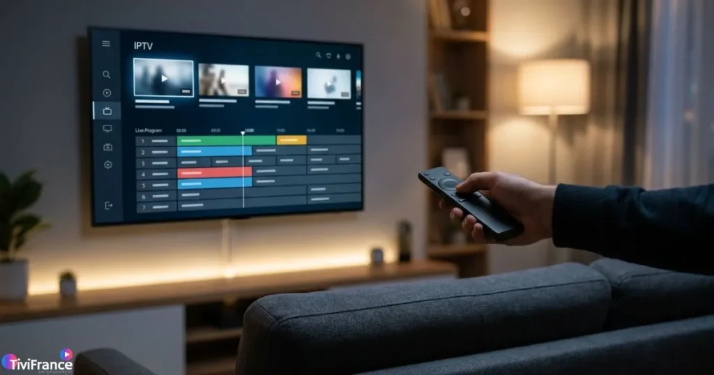 Application IPTV Android sur Smart TV avec interface de chaînes en direct dans un salon